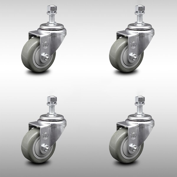 3.5 Inch SS Gray Polyurethane Wheel Swivel 12mm Threaded Stem Caster Set SCC